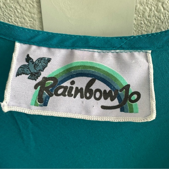 Rainbow Jo Blue Open Front Rayon Silk Bell Sleeve Blouse Ruffle Collar Boho - Picture 8 of 10